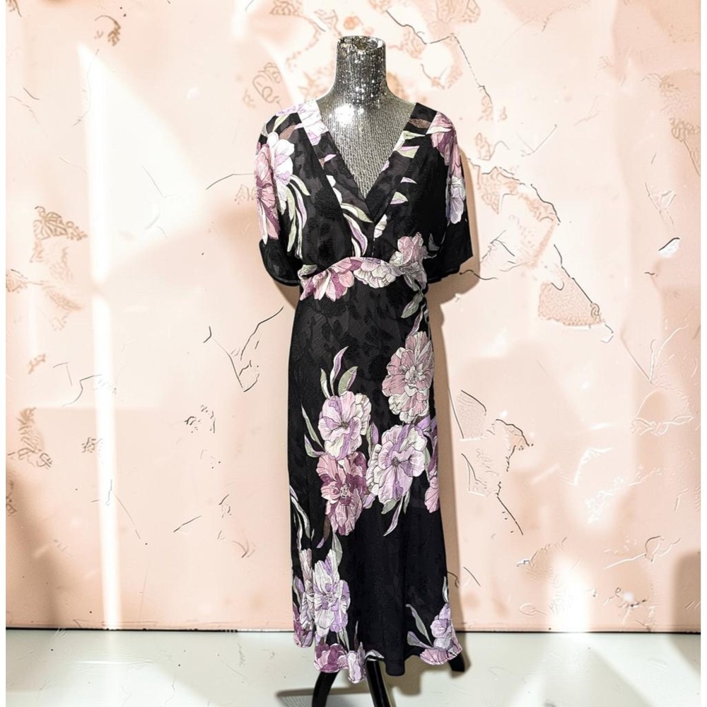 Black Pink Floral Babydoll Maxi Dress XXXL 22 V Neck Flutter Sleeve Dark Romance